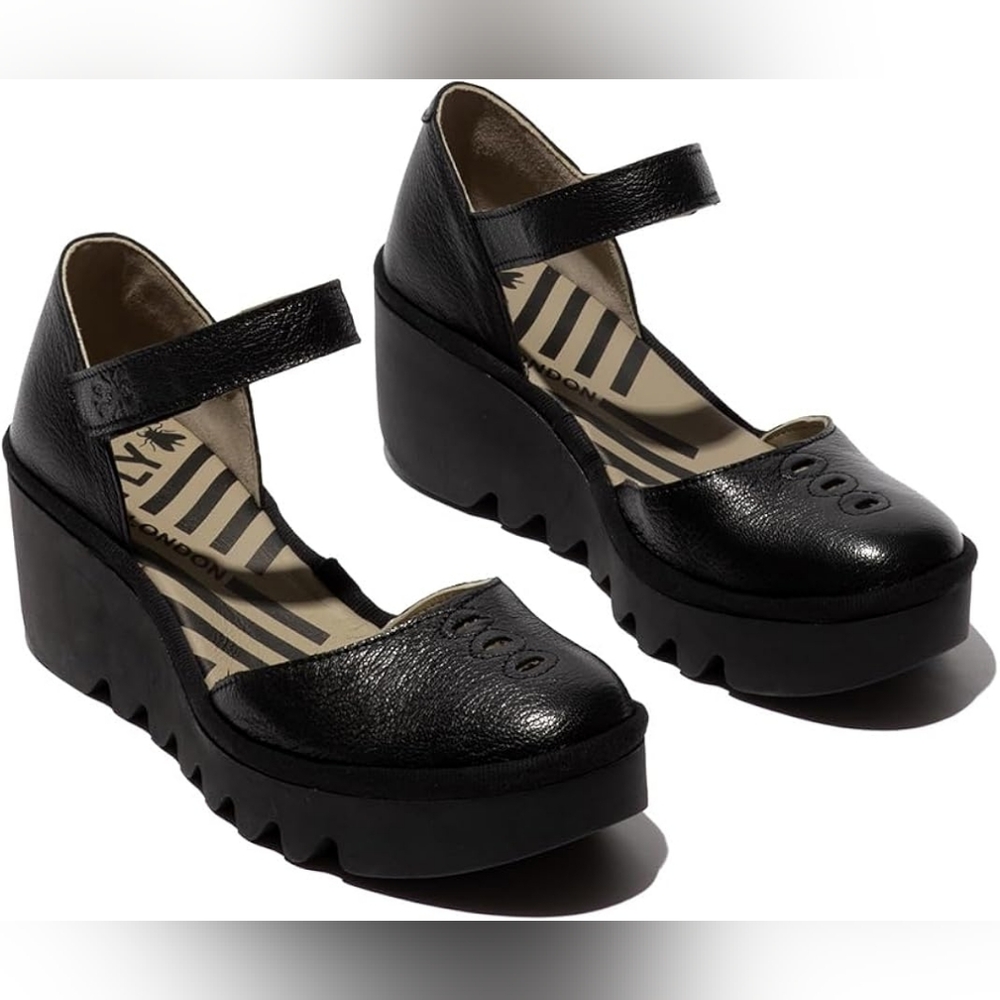 Fly London Black Leather Strap Flats
